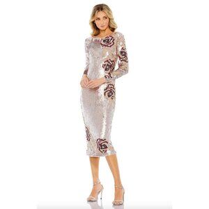 Mac Duggal 93624 Sequined Floral Long Sleeve Midi Dress Size 8 Winter Rose
